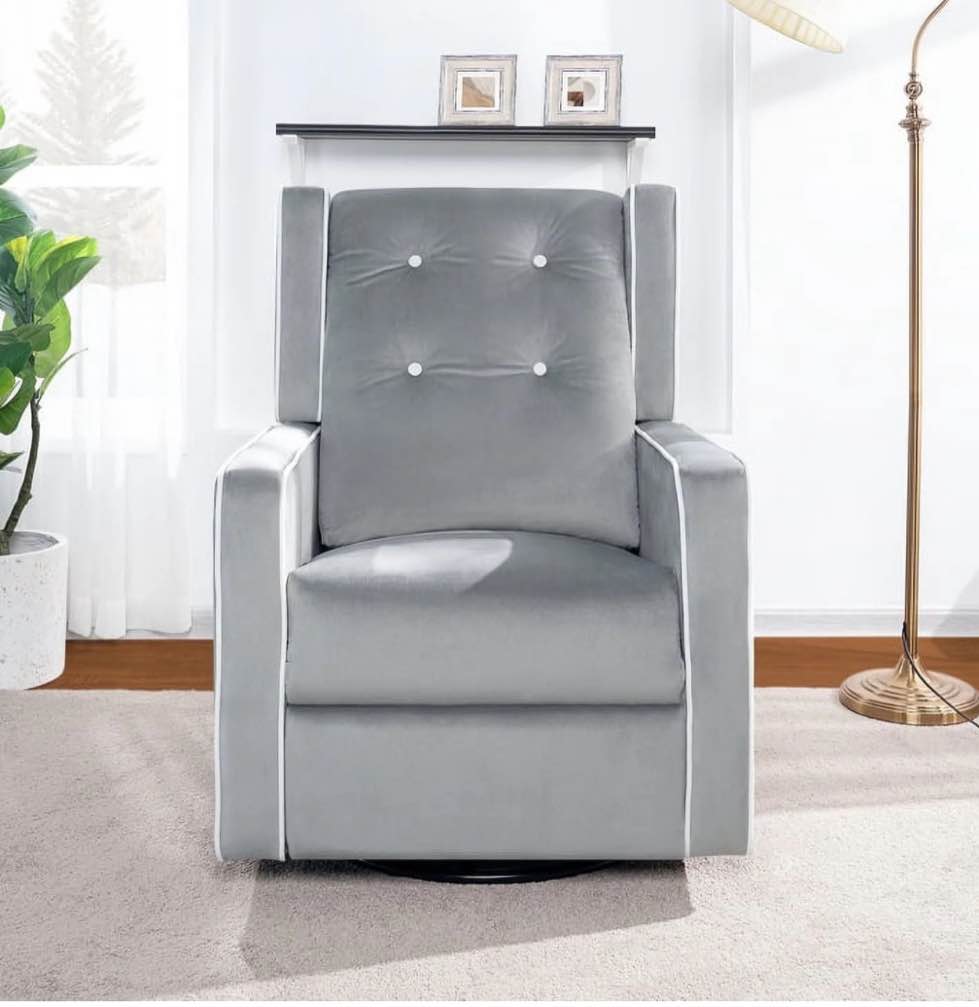 Odelia 360 Swivel Glider Rocker Recliner, Tufted Nursery Chair with Manual Puller, Plush Cushioning, Soothing Rocking Motion for Living Room, Bedroom, Apartment Upholstered Light Gray 