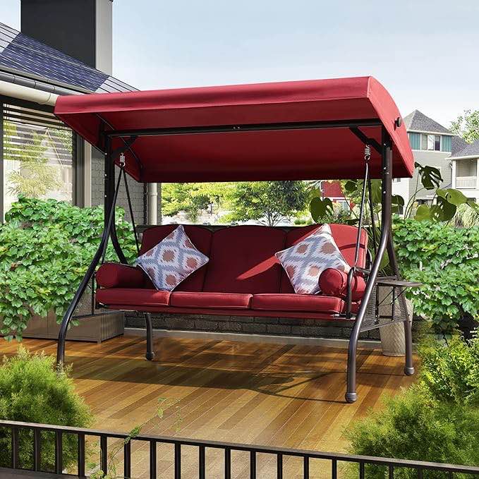 NOBLEMOOD Patio Porch Swing, 3-Seat Outdoor Swing with Adjustable Canopy, Thickened Cushion, Pillow and Foldable Side Tray for Patio, Backyard, Porch Swing Bed for Spring (Box 2 Of 2) 