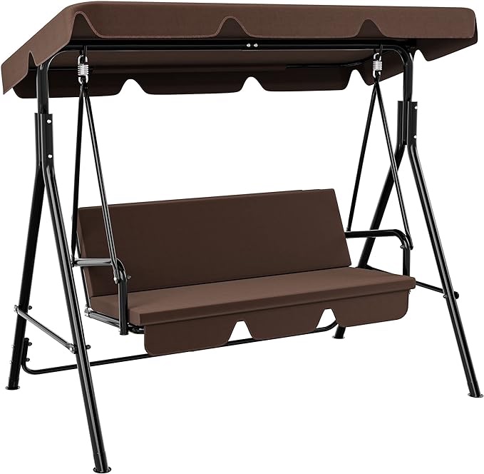 YITAHOME Canopy Swing Chair, 3 Seater Garden Swing Seat Chair, Outdoor Swinging Chair Bench with Adjustable Canopy & Removable Cushion for Patio Poolside Porch, 270KG Loadable,170 x 110 x 153cm, Brown (incomplete 1 box only)