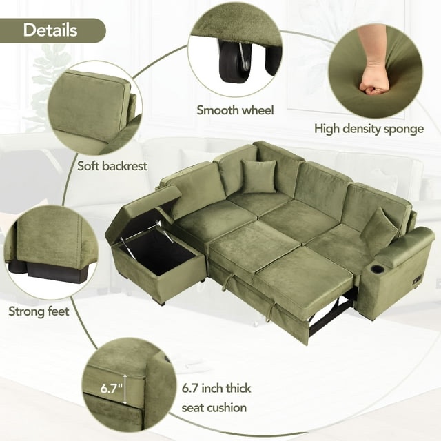 box 1 of 3 only ',,,,,,,Andoer 87.4" Sleeper Sofa Bed,2 in 1 Pull Out sofa bed L Shape Couch with Storage Ottoman for ing Room,Bedroom Couch and Small Apartment, Green ( Box 1/3 Incomplete)