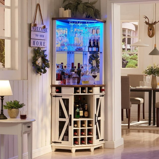 OKD Farmhouse Rustic Corner Wine Bar Storage Cabinet with Doors and Shelves, Industrial Buffet with Racks and LED Lights, White ( Incomplete)