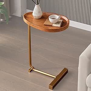TRUNYAQI C Shaped Side Table, Small C Table End Table for Sofa and Bedside, Couch Side Tables That Slide Under, Wood C Shaped End Table for Bedroom Living Room, 18”L X 12”W