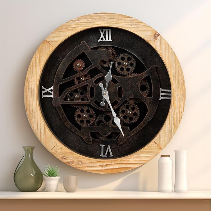ZBJZJM 16" Large Wall Clocks with Moving Gears for Living Room Decor Decorative Wood Big Oversize Farmhouse Steampunk Silent Vintage Rustic Industrial for Home Office,HD Tempered Glass,Brown