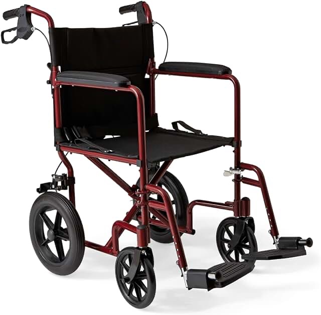 Medline Ultra Lightweight Transport Wheelchair for Adults, Foldable, 19-Inch Seat Width, Red Frame, Black Upholstery