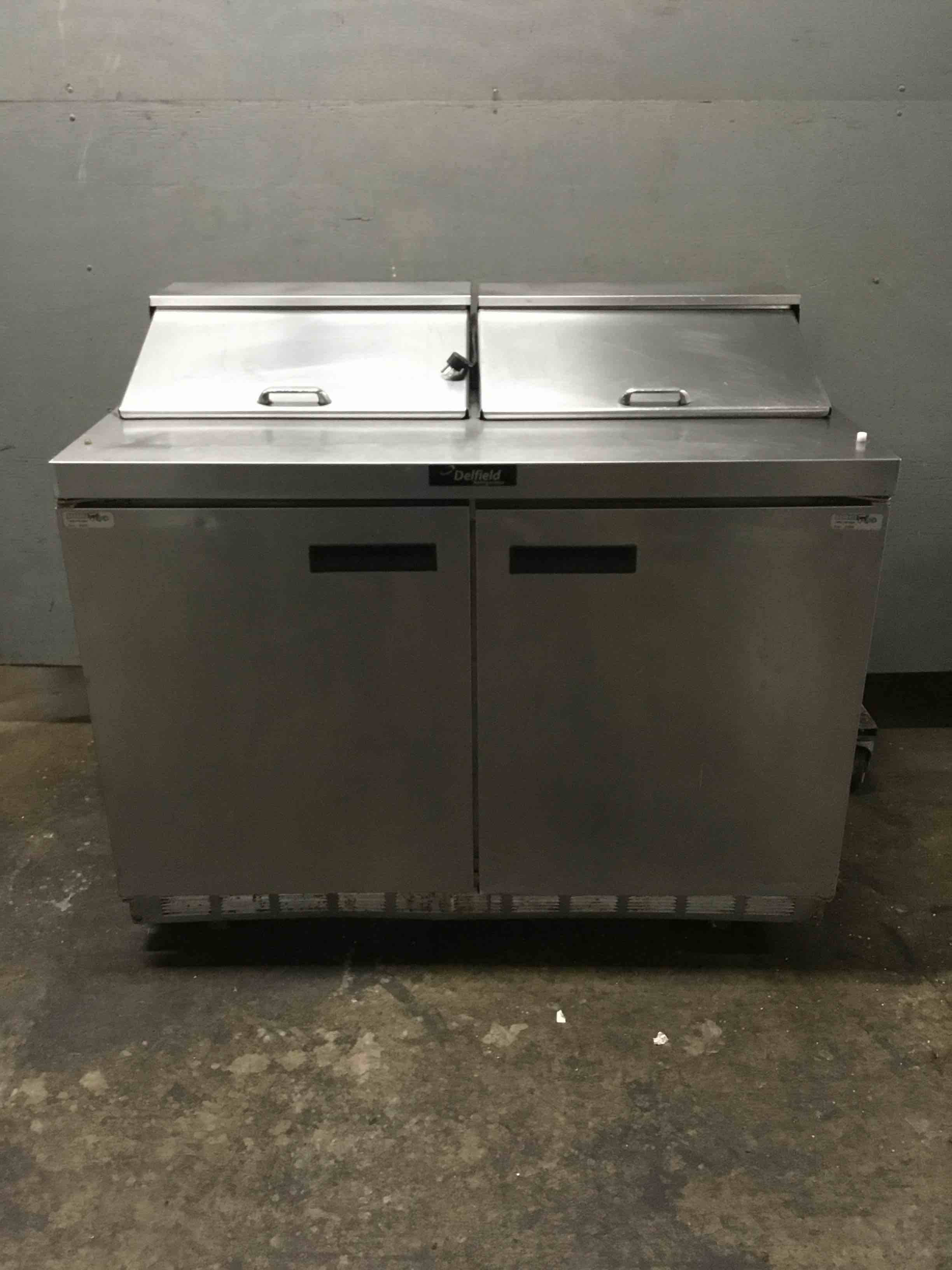 Delfield 48 Inch Stainless Steel 2 Door Refrigerated Sandwhich Prep Table On Casters
