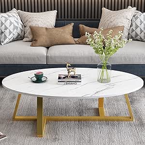 Wolawu Oval Faux White Marble Coffee Table Wooden Gold Elliptic Modern Side End Table for Coffee Dinning Living Room Kitchen, Small Stand Modern Design Home Furniture White Marble Table for Couch