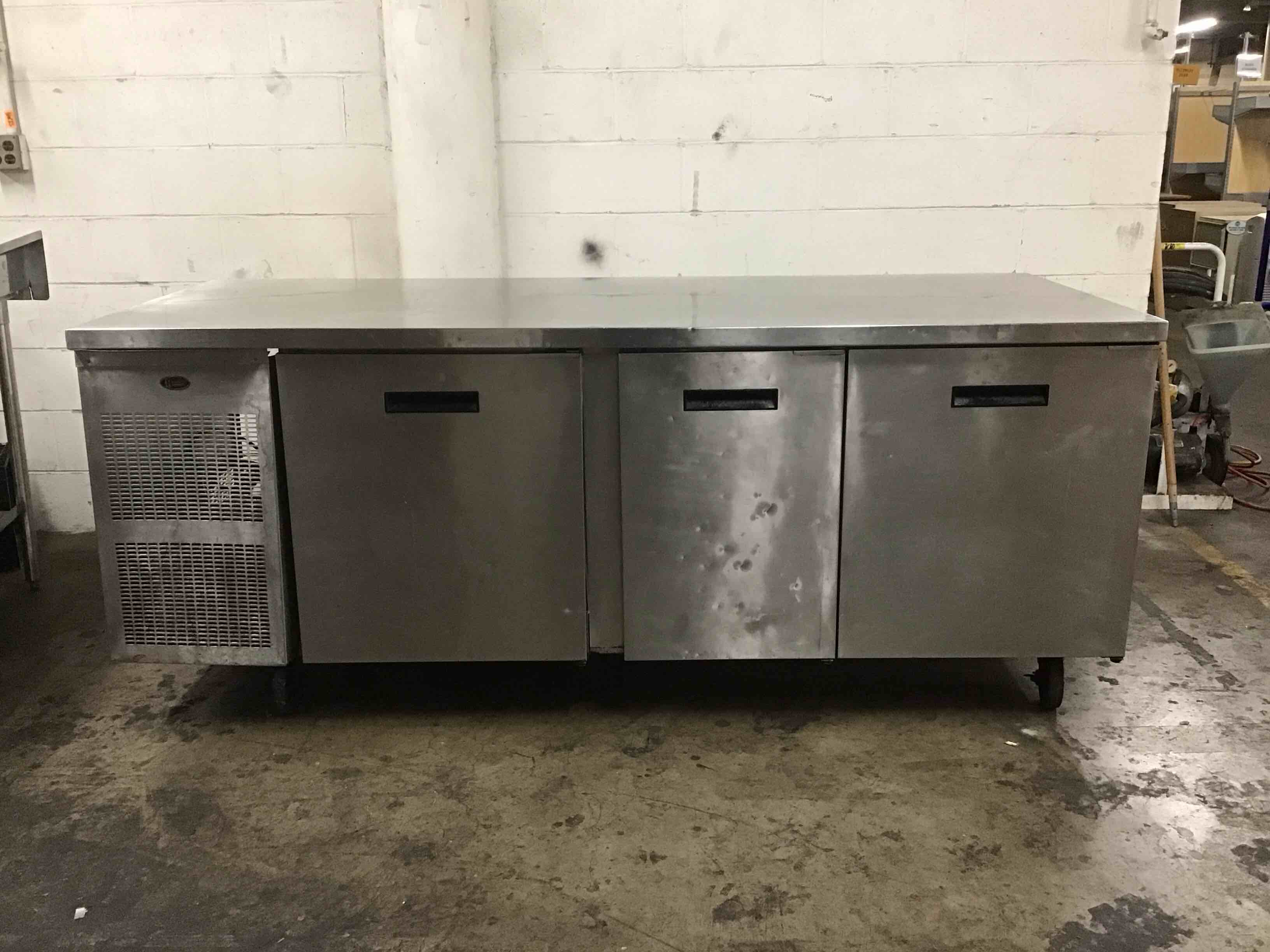 Randell Stainless Steel 83.78 Inch 3 Door Worktop Refrigerator On Casters