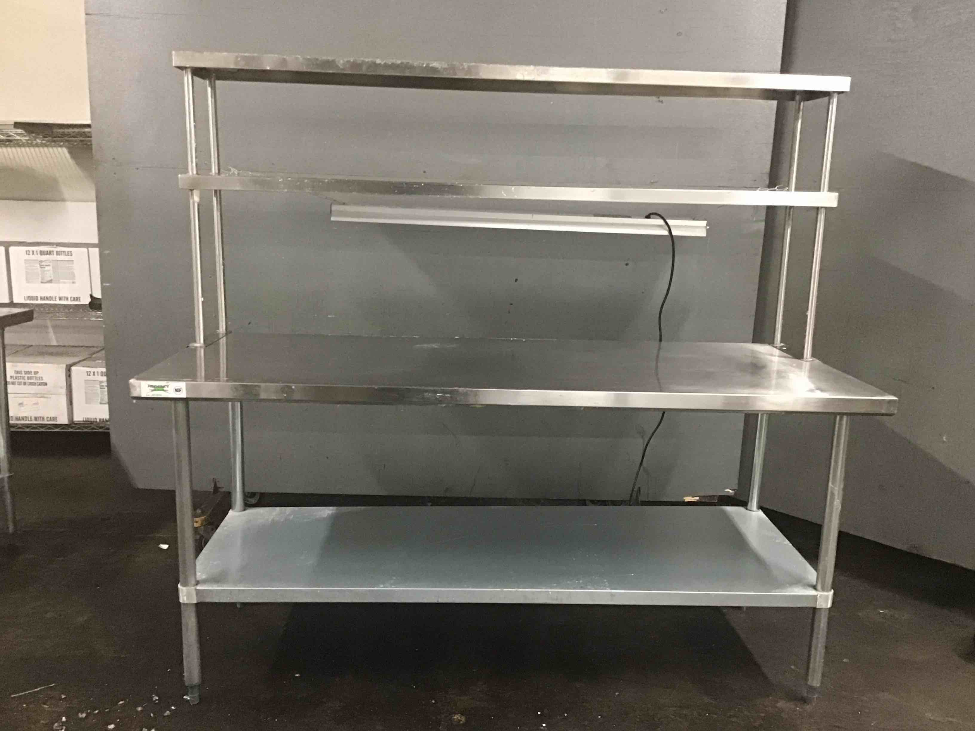 Regency Stainless Steel 72 Inch Prep Table With Top Shelves, Undershelves And Braun 4 Foot LED Hanging Shop Light 