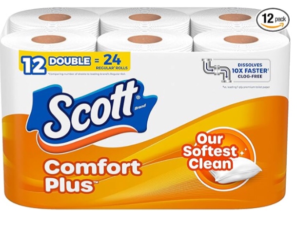 Scott ComfortPlus Toilet Paper, 12 Double Rolls, 231 Sheets per Roll, Septic-Safe, 1-Ply Toilet Tissue