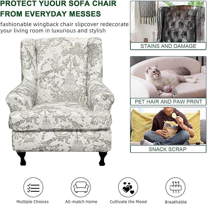 CRFATOP Wingback Chair Cover Slipcovers 2 Piece Stretch Wing Chair Slipcover Spandex Wingback Chair Slipcover Printed Furniture Protector Chair Covers for Living Room Armchair,06
