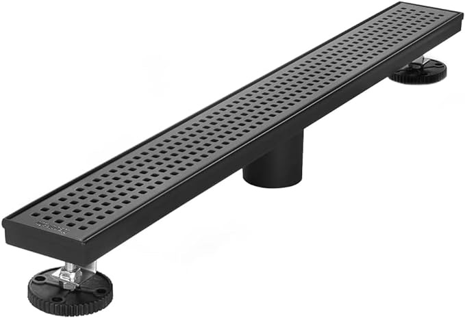 Neodrain 28-Inch Black Linear Shower Drain with Removable Quadrato Pattern Grate,Professional 304 Stainless Steel Rectangle Shower Floor Drain Manufacturer,Leveling Feet,Hair Strainer, Matte Black