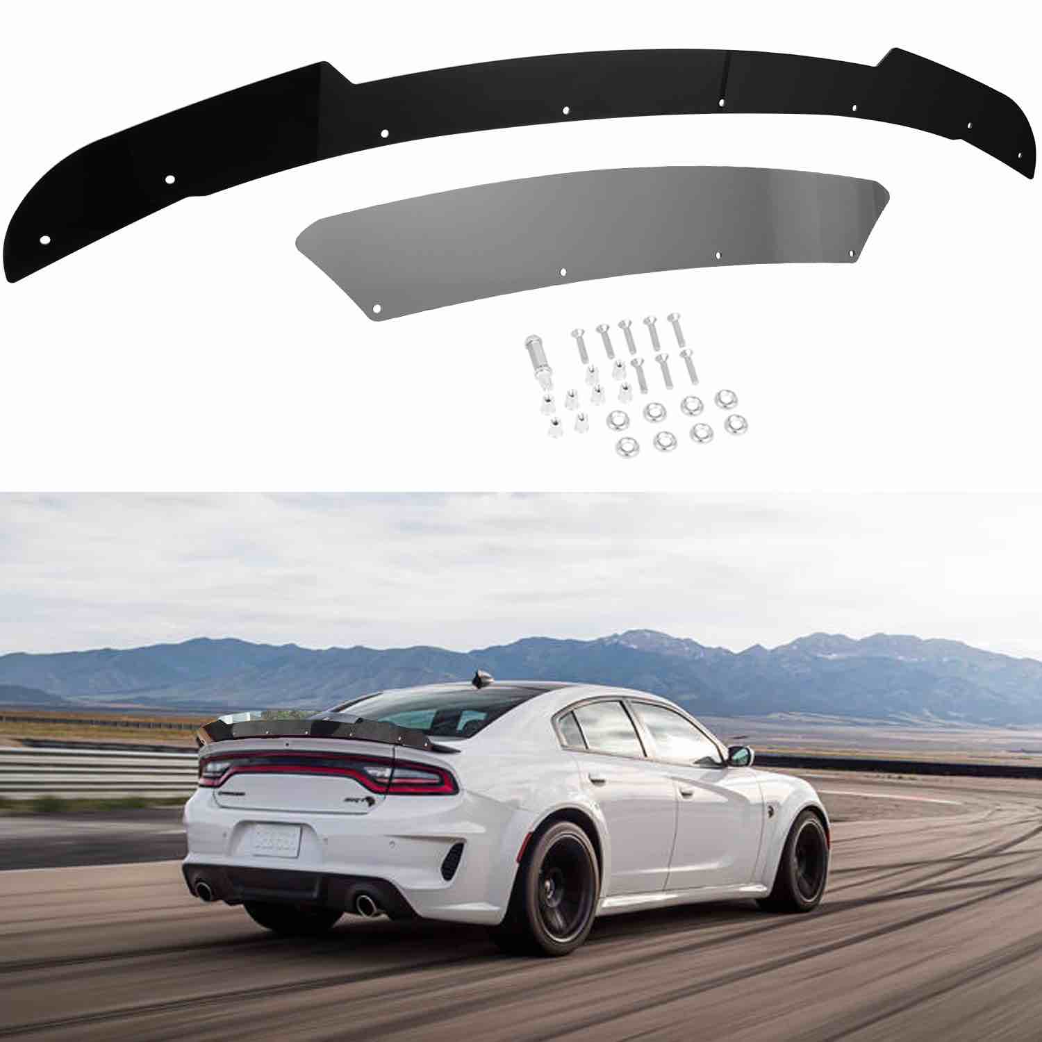 Bonbo Rear Wicker Bill Spoiler 2-Piece for Dodge Charger 2015 2016 2017 2018 2019 2020 2021 SRT ScatPack Hellcat V1, Add-on Type Rear Trunk Spoiler Wing with RivNut Tool