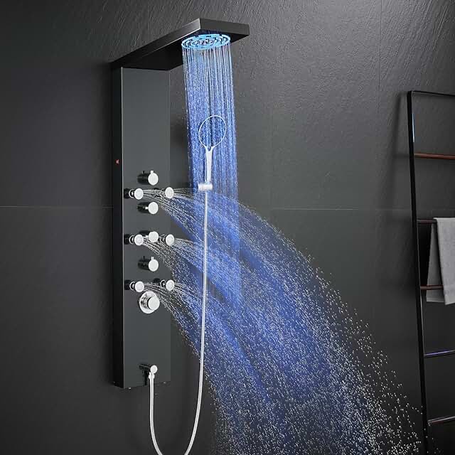 ROVATE Shower Panel Tower System 304 Stainless Steel, Shower Panels System with Adjustable Rainfall Shower Head, 6 Body Massage Jets and 5 Functions Handheld Shower, Brushed Stainless Steel Brushed Surface