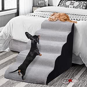 INRLKIT 5 Tiers Pet Foam Stairs for High Beds, 30D High Density Dog Foam Ramps/Stairs/Ladder for Couch, Older Dogs, Cats, Puppies, Injured Dogs (with 1 Rope Toy, Grey)