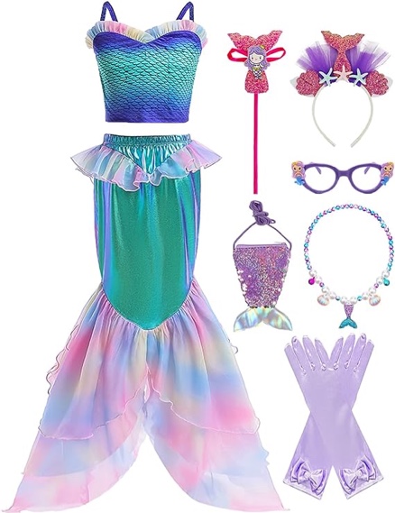 Mermaid Costume Dress Girls Kids Princess Dress Up Birthday Cosplay Halloween Costumes with Wig Accessories