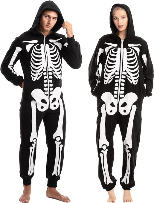 Spooktacular Creations Adults Unisex Skeleton Pajama, Skeleton Jumpsuit Costume Skeleton Hooded Pajama for Halloween Cosplay
