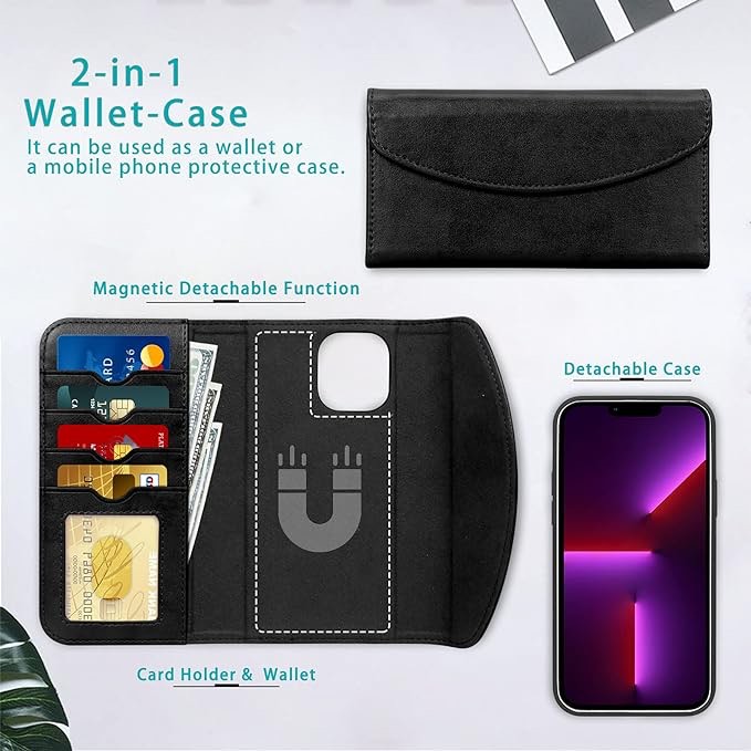 FYY iPhone 13 Pro Max 5G Case: 2-in-1 Magnetic Wallet, Magsafe Charging, Card Holder, Heavy Duty Protection - Black