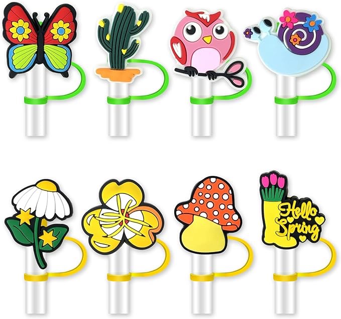 8Pcs Spring Straw Cover for Tumbler Cap, Flower Butterfly Straw Topper, 10mm Drinking Straw Tip Covers for Accessories (Spring)