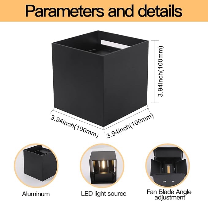 Mille Lucciole 2 Pack LED Outdoor Wall Lights Exterior/Interior, Up and Down Lights IP65 Waterproof Wall Sconces, Square Aluminum Outdoor Wall Lighting Fixtures, Modern Black 12W 3000K Warm Lights