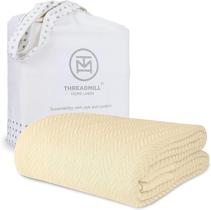 Threadmill Luxury Cotton Blankets for King Size Bed | All-Season Cozy 100% Cotton King Size Blanket | Herringbone Soft & Lightweight Fall Thermal Blanket fits Cal King Size Bed | Tusk White