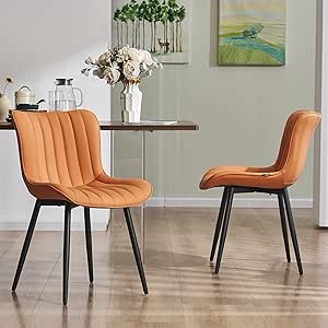 YOUNUOKE Camel Dining Chairs Set of 2 Upholstered Mid Century Modern Kitchen Chair Armless Faux Leather Side Chairs with Padded Backs Metal Legs for Living Room Bedrooms