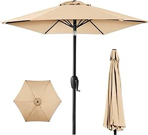 Best Choice Products 7.5ft Heavy-Duty Round Outdoor Market Table Patio Umbrella w/Steel Pole, Push Button Tilt, Easy Crank Lift - Tan
