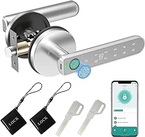 Stylrtop Universal Fingerprint Door Knob with Handle Keypad, Keyless Entry Childproof, Information Security Without Network, Electronic Biometric Smart Lock for Bedroom Office Apartment, Satin Nickel