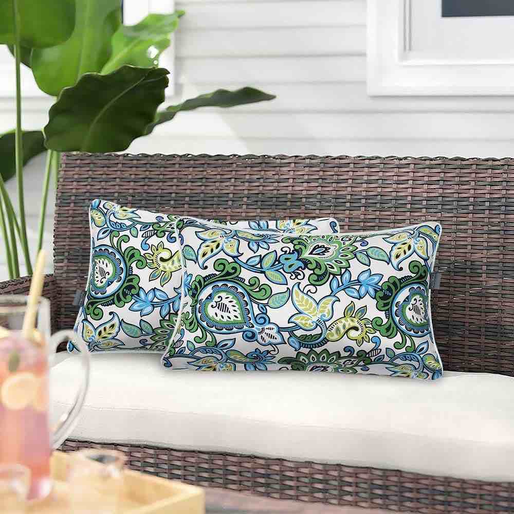 Magpie Pack of 2 Outdoor/Indoor Lumbar Pillow Case Covers 12"x20", Waterproof Rectangular Throw Pillowcase Shell Decorative Cushion Sham for Home Patio Garden Tent Couch - Floral Blue Green