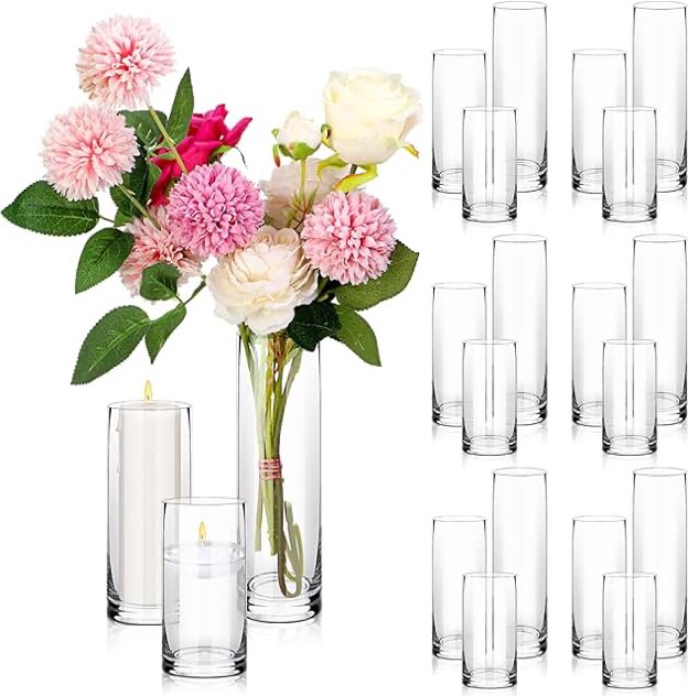Maxdot Glass Cylinder Vase 5, 6, 8 Inch Tall Clear Cylinder Vases Flower Vases Set Wedding Centerpieces Decorations Floating Candle Holder Bulk for Christmas Tables Home Decor Party Event(36 Pcs)