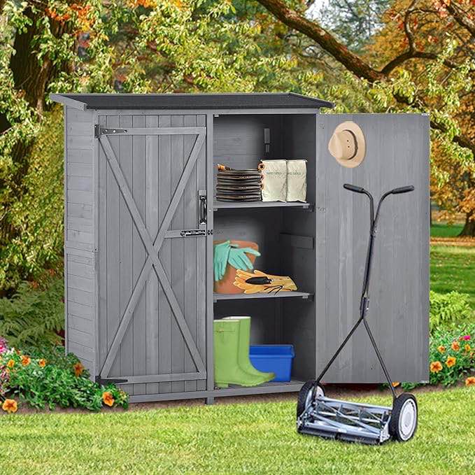 Outdoor 5.3Ft Hx4.6Ft L Wood Storage Shed Tool Organizer, Gray  ( Box 2/2 Incomplete)