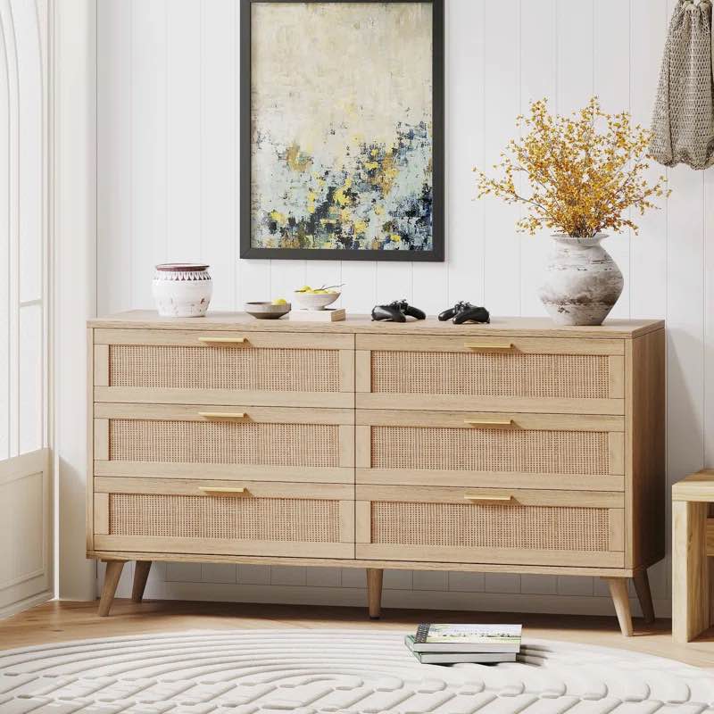 Jakoby Rattan 6 Drawer Double Dresser for Bedroom, Chest of Dressers 