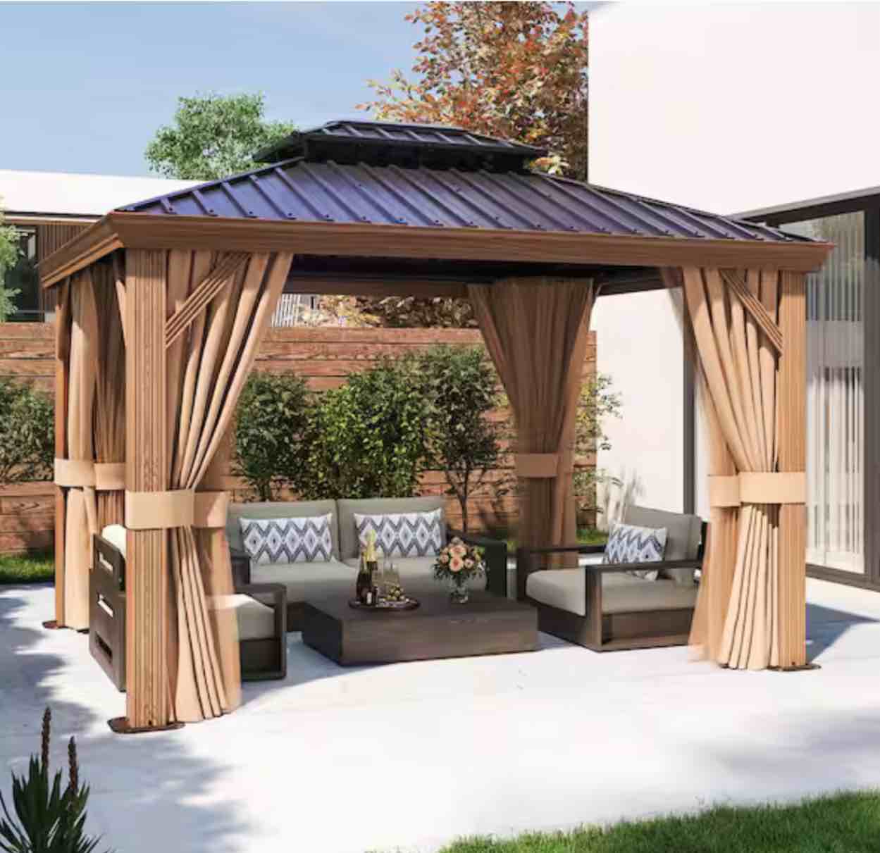 12 ft. x 10 ft. Wood Grain Double Galvanized Steel Roof Patio Hardtop Gazabo with Ceiling Hook, Curtains and Netting (Box 2/4 Incomplete)