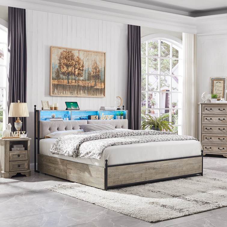 Light Gray Bardhyle Upholstered Bed Frame with Charging Station and LED Lights, Metal Bed Frame with 4 Drawers