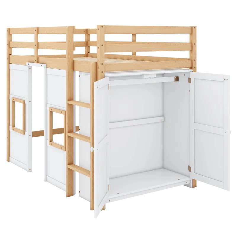 Jasleene Wood Twin Size Loft Bed with Built-in Storage Wardrobe and 2 Windows ( Box 1/2 Incomplete)