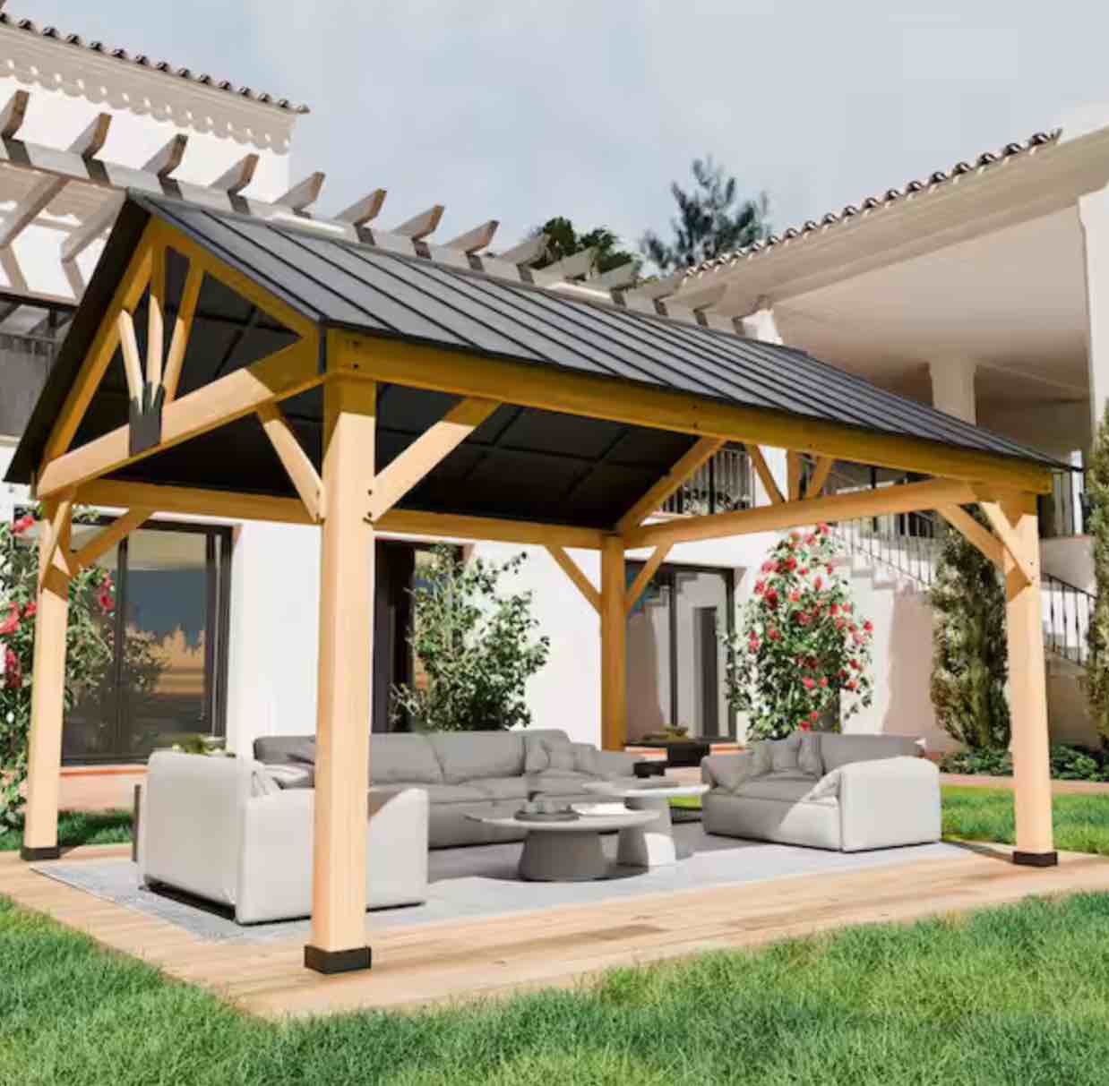 15 ft. x 13 ft. Cedar Wood Patio Gazebo with Black Galvanized Steel Roof and Ceiling Hook(incomplete box 2)