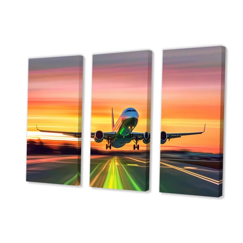 Sunset Airplane On The Tarmac II " 3 - Pieces on Canvas
