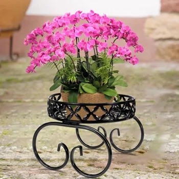 Round Floor Plant Stand.  black wheel flower stand