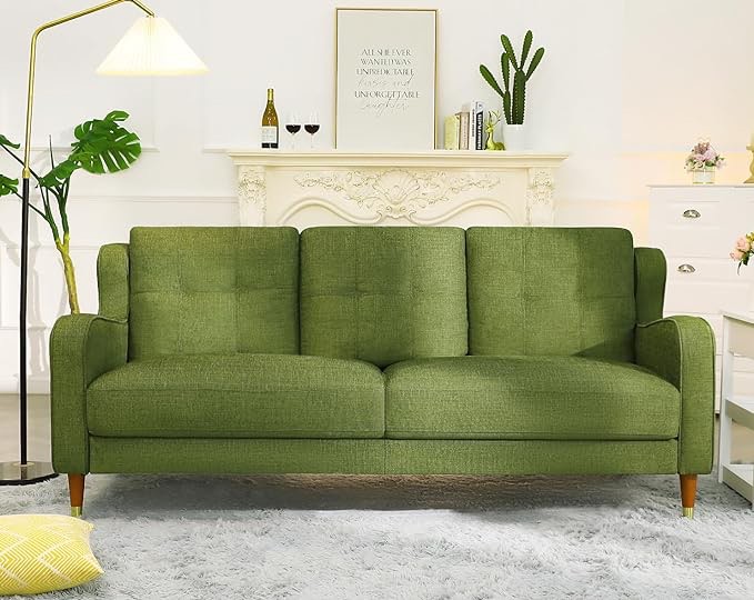 76 inch Sofa Couch, 3 Seater Comfy Couch for Living Room, Mid Century Modern Couch with Spring Support, Linen Fabric Sleeper Sofa with Deep Cushion, Solid Wood Legs for Dorm Bedroom, Green