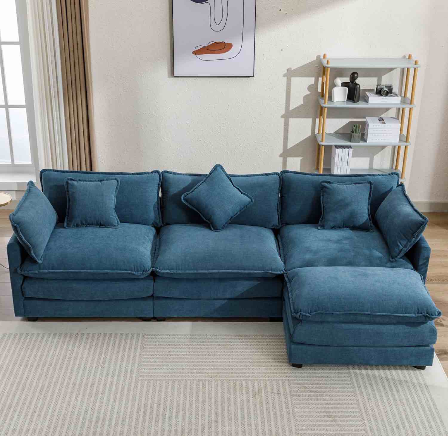L-Shape Chenille Upholstered Living Room Modern Luxury Sofa Couch with Ottoman, Blue.  incomplete corner piece 
