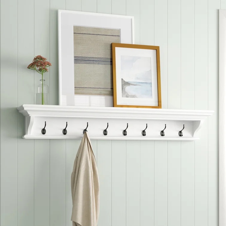Angellique Solid Wood 8 - Hook Wall Mounted Coat Rack in Classic White
