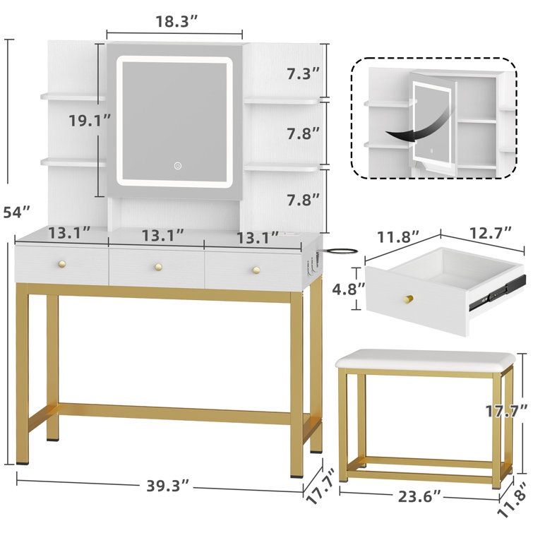 Elbertine Makeup Vanity Set with Lighted Mirror & Power Outlet