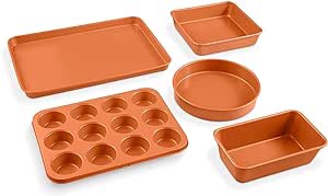 Gotham Steel 5 Piece Complete Copper Nonstick Bakeware Set with Durable Ceramic Coating, Heavy Duty 0.8MM Gauge Dishwasher Safe, Includes XL Cookie Sheet, Muffin Pan, Loaf Pan & Round Baking Tray
