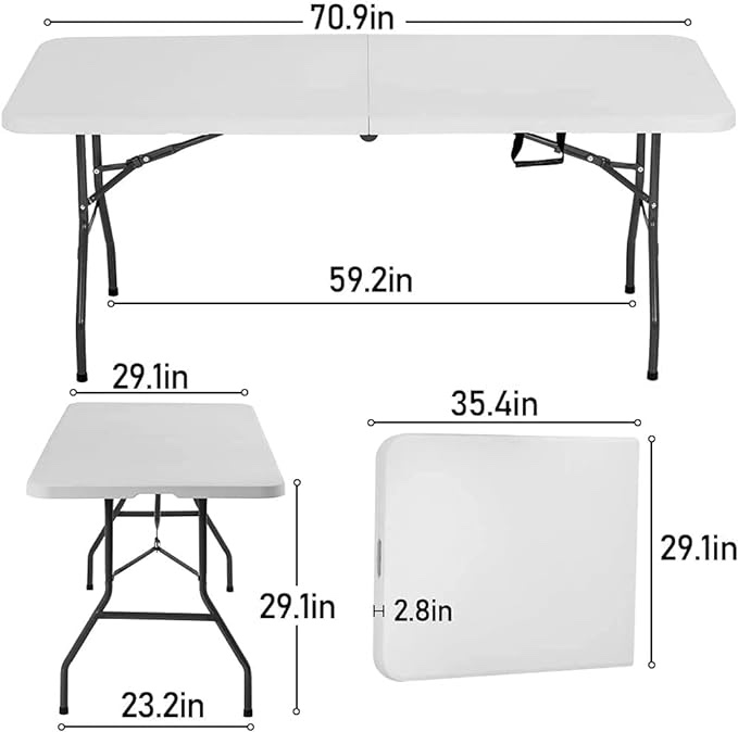 BestOffice Camping Folding 6 Foot Plastic Table, White