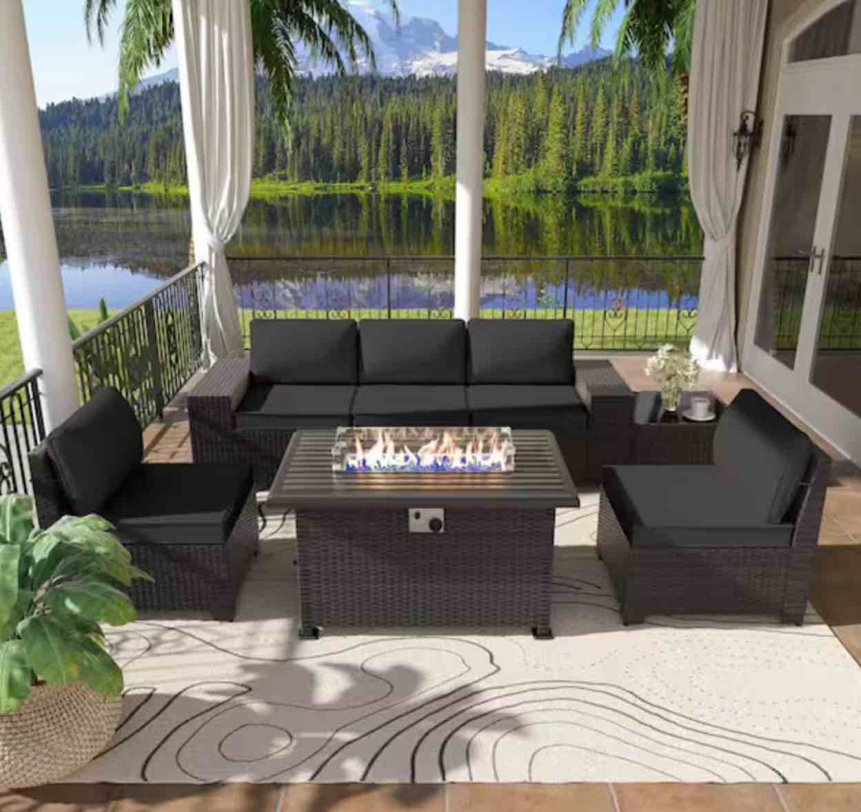 Wicker Patio Conversation Set Glass Coffee Table and Black Cushions ( Similar to the picture below not exact / Brown + Ceramic Grey )