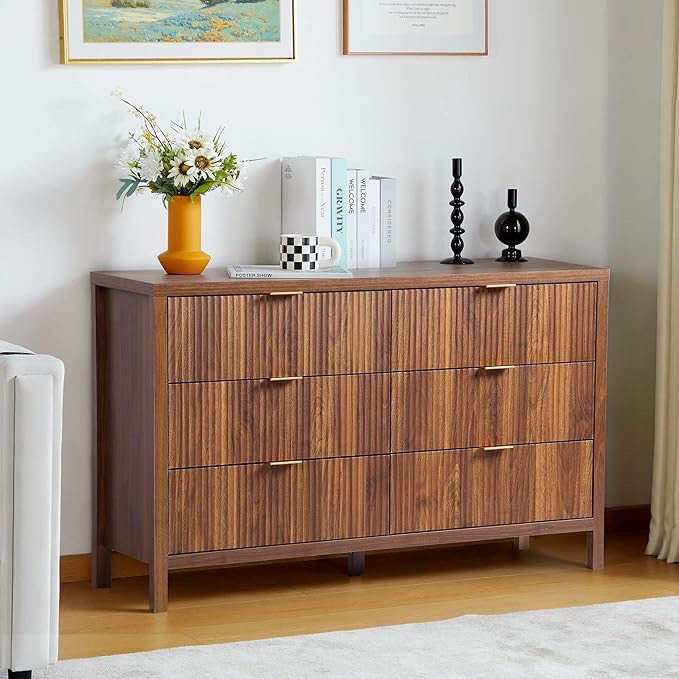 6 Drawer Double Dresser for Bedroom, Modern Closet Dressers Chest of Drawers with Fluted Panel, Wide Wood Storage Dresser Organizer for Nursery Bedroom Living Room Hallway Closet, Walnut ( incomplete box 1 / 2 not exact ) 
