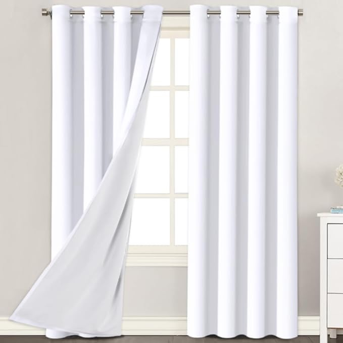 H.VERSAILTEX Blackout Window Curtain Panels, Cold and Light Blocking Drapes with White Liner for Nursery, 84 inches Drop Thermal Insulated Draperies (Pure White, 2 Pieces, 52 Wide Each Panel)