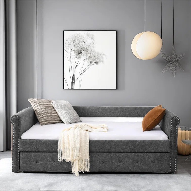 Dulsea Upholstered Daybed with Trundle and Nail Head Decoration on Arms(incomplete frame only)