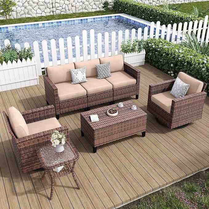 Amopatio Patio Furniture 7 Pieces Wicker Outdoor Sectional Sofa Sets, Rattan Conversation Set with Storage Table, Swivel Chairs for Backyard, Pool, Beige?Include Waterproof Covers ( incomplete Box 1 of 2)