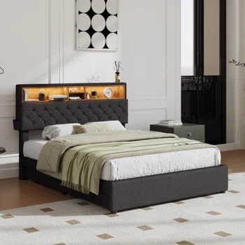 Kranek Upholstered Platform Bed with Storage Bookcase Headboard,( box 2 of 2 QUEEN SIZE)