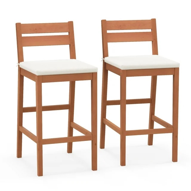YYAo Bar Stools, Bar Chairs, Dining Stools, Set of 2 Outdoor Wood Barstools with Soft Seat Cushion-Off White